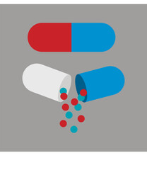 Closed open drug capsule isolated on white background