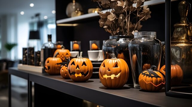 Halloween pumpkin decorations on a table. Modern dark kitchen.