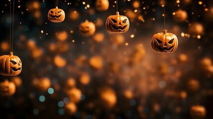 Halloween pumpkins in the air. Festive background.