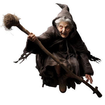 the old witch flies on a broomstick, png file of isolated cutout object on transparent background.