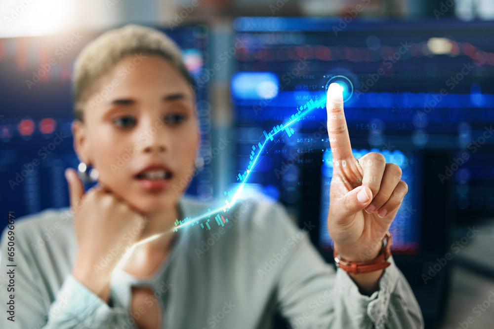 Poster Finger, future and digital transformation with a woman programmer in an office for cyberspace innovation. Software, overlay and database for cloud computing with a technology developer coding at work
