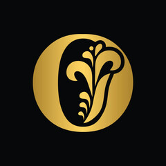 letter O. Gold flower alphabet. Beautiful capital letters with shadow
