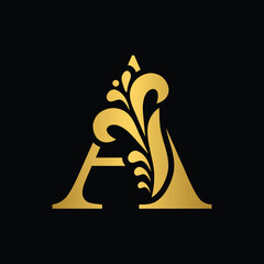 letter A. Gold flower alphabet. Beautiful capital letters with shadow