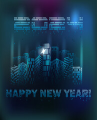 New 2024 Year in Futuristic Night City, cityscape  vip card, vector illustration	