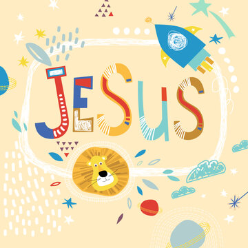 Bright card with beautiful name Jesus in planets, lion and simple forms. Awesome male name design in bright colors. Tremendous vector background for fabulous designs