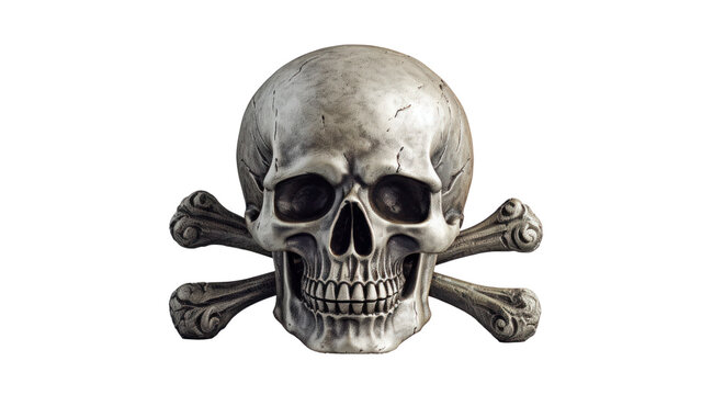 metal pirate skull with crossbones, png file of isolated cutout object with shadow on transparent background.