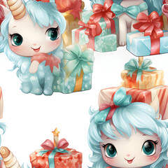 Obraz na płótnie Canvas Cute Unicorn Seamless Pattern with Christmas Theme in watercolor Style