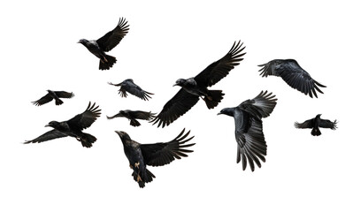 flock of flying crows , png file of isolated cutout object on transparent background. - obrazy, fototapety, plakaty