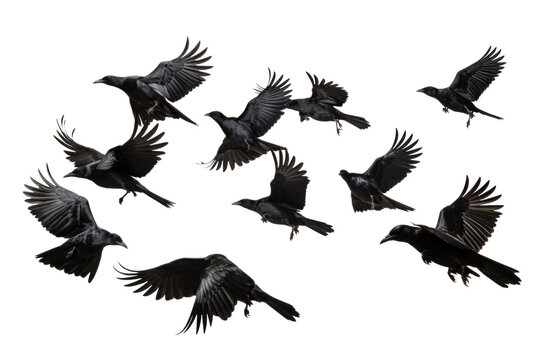 flock of flying crows , png file of isolated cutout object on transparent background.