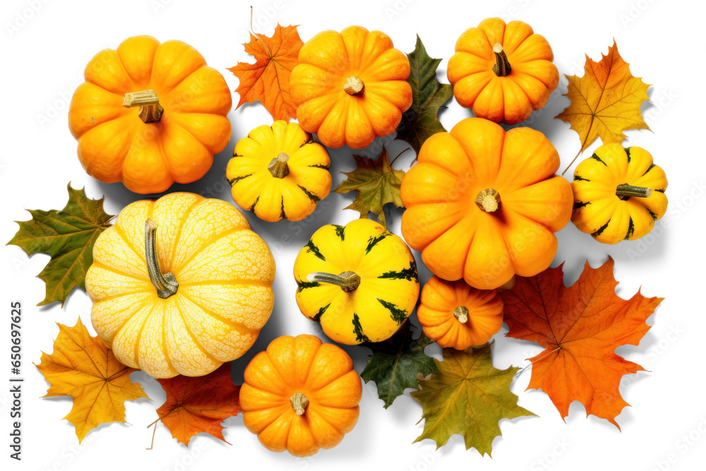 Wall mural pumpkin with maple leaves, png file of isolated cutout object with shadow on transparent background.