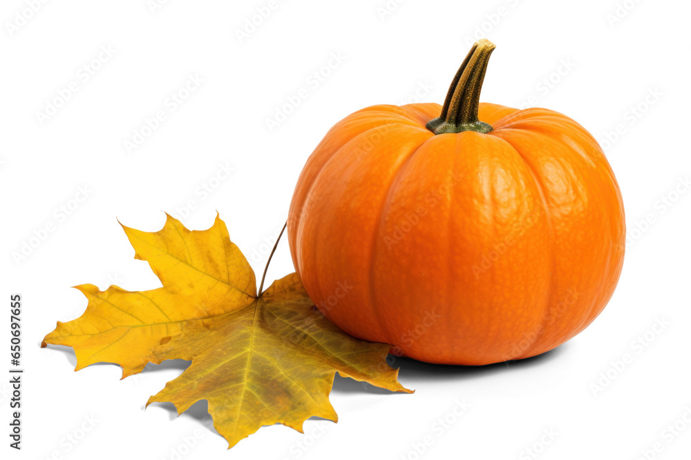 Wall mural pumpkin with maple leaves, png file of isolated cutout object with shadow on transparent background.