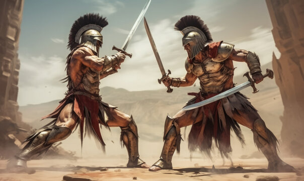 Fight of two Roman soldiers. Digital art.