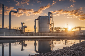 Obraz premium A modern petrochemical plant with intricate piping systems, distillation towers, and tanks, producing various chemical compounds