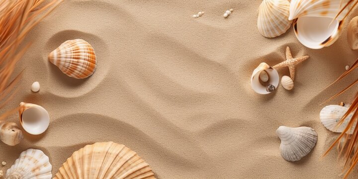 AI Generated. AI Generative. Nautical beach marine seascape sea shell sand island copy space mock up background. Can be used for vacation relax travel inspiration tour