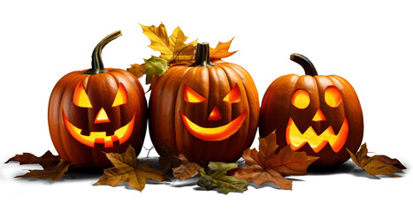 three halloween Jack-o-lantern pumpkin with autumn leaves, png file of isolated cutout object with shadow on transparent background.