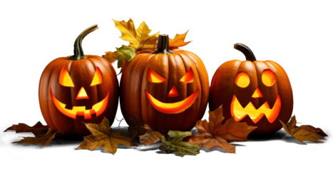 three halloween Jack-o-lantern pumpkin with autumn leaves, png file of isolated cutout object with shadow on transparent background.