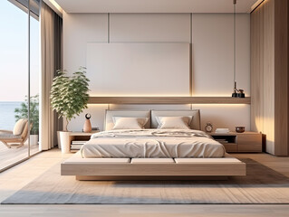 Interior design modern minimal bedroom, interior luxury style, resort or hotel, interior design minimal style, three-dimensional, mockup, generative ai.