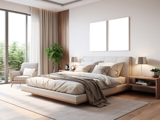 Interior design modern minimal bedroom, interior luxury style, resort or hotel, interior design minimal style, three-dimensional, mockup, generative ai.