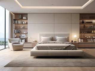 Interior design modern minimal bedroom, interior luxury style, resort or hotel, interior design minimal style, three-dimensional, generative ai.