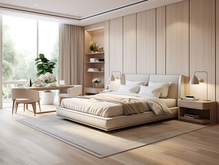 Interior design modern minimal bedroom, interior luxury style, resort or hotel, interior design minimal style, three-dimensional, generative ai.