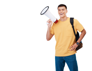 Megaphone, portrait and young man with an announcement, good news and communication with bag. Bullhorn, smile and happy male model with casual and cool fashion isolated by transparent png background.