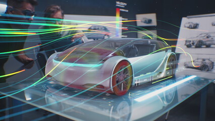 Two automotive engineers check aerodynamics of new electric car using futuristic augmented reality holographic automobile prototype. 3D computer graphics of vehicle high-tech developing and testing. - obrazy, fototapety, plakaty