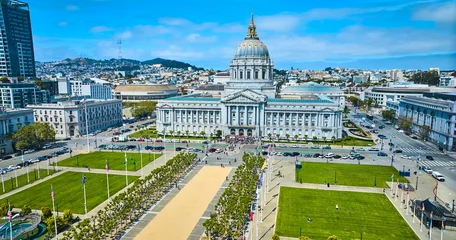 Selbstklebende Fototapeten City hall with Civic Center Plaza aerial view on bright summer day with blue sky and clouds © Nicholas J. Klein