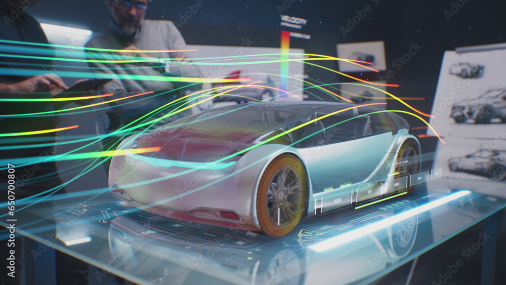 Fototapete two automotive engineers check aerodynamics of new electric car using futuristic augmented reality h
