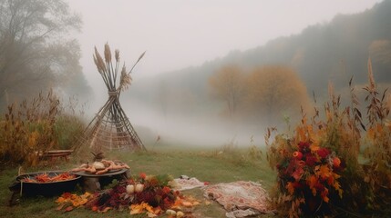 Cozy fall-style boho picnic decor on the shore of a lake in foggy weather 