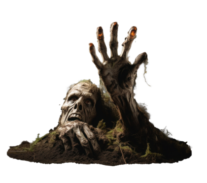 undead zombie stuck his hand out of the ground, png file of isolated cutout object with shadow on transparent background.