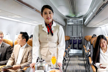 Beautiful Asian female cabin crew air hostess serving food and drink beverage to passengers on airplane, flight attendant push cart on aisle to serve customer, airline service job and transportation.