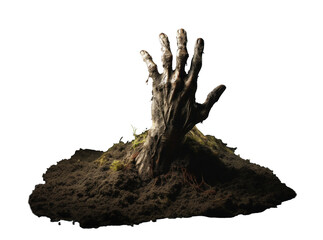 undead zombie stuck his hand out of the ground, png file of isolated cutout object with shadow on transparent background.