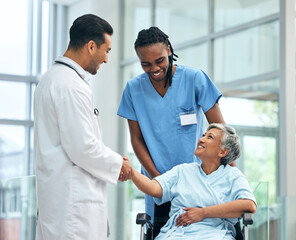 Handshake, hospital and surgery doctor with patient or wheelchair user for thank you, medical or...
