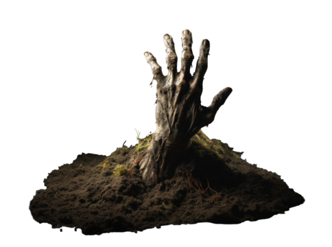 undead zombie stuck his hand out of the ground, png file of isolated cutout object with shadow on transparent background.