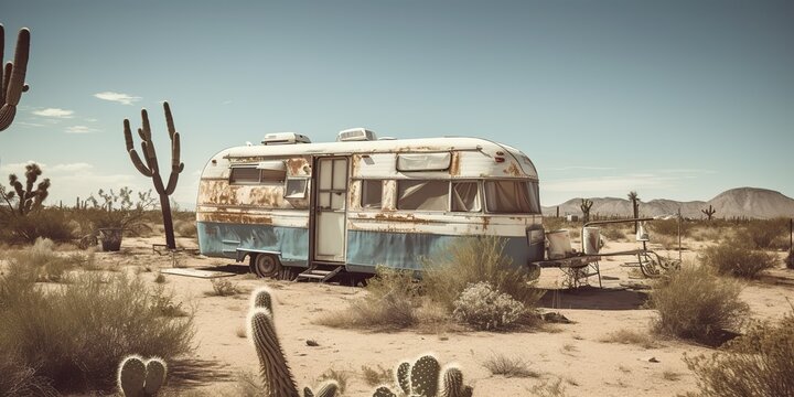 AI Generated. AI Generative. Old metal rustic abandoned vintage camper rv car house in desert. Adventure background lifestyle. Nature outdoor moving house life inspiration