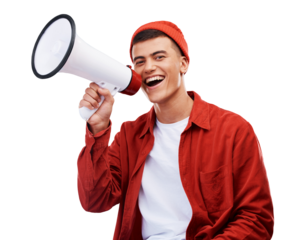 Happy man, portrait and megaphone for announcement or deal isolated on a transparent PNG background. Male person smile with bullhorn or loudspeaker in alert, sale or discount with voice for promotion