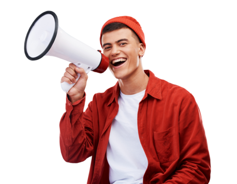 Happy man, portrait and megaphone for announcement or deal isolated on a transparent PNG background. Male person smile with bullhorn or loudspeaker in alert, sale or discount with voice for promotion