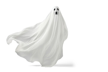 flying halloween ghost in a white sheet, png file of isolated cutout object with shadow on transparent background.