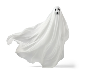 flying halloween ghost in a white sheet, png file of isolated cutout object with shadow on transparent background.