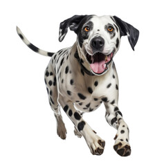 Happpy Dalmatian dog running, front view isolated on white background