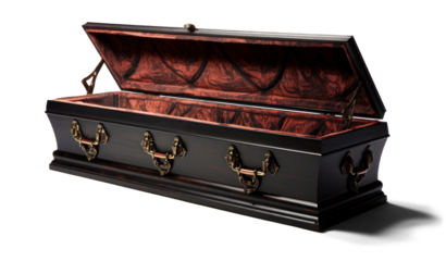 open black coffin, png file of isolated cutout object with shadow on transparent background.
