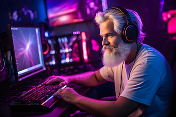 Old gamer in front of a computer, illustration for streaming and gaming - obrazy, fototapety, plakaty