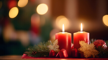 Close-up of advent wreath with two burning candles for second advent in preperation for christmas - obrazy, fototapety, plakaty