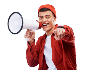Happy man, portrait and megaphone pointing to you for deal isolated on a transparent PNG...