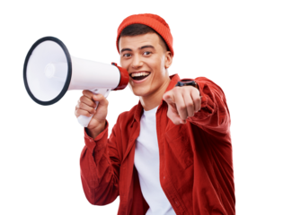 Happy man, portrait and megaphone pointing to you for deal isolated on a transparent PNG background. Male person smile with bullhorn, loudspeaker or announcement for sale discount, voice or promotion