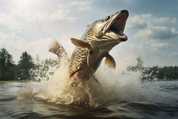 A pike jumps out of the water. Predatory fish on a lake or river. - obrazy, fototapety, plakaty