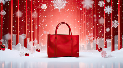 Red women's handbag in a snowy New Year's installation. Blank space for product placement or promotional text for winter sales. - obrazy, fototapety, plakaty