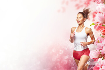 A woman in sportswear runs on a floral background. Empty space for product placement or advertising text.