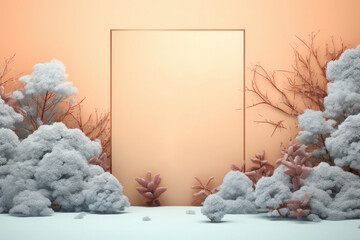 A place with snow-covered bushes on an orange background. Blank space for product placement or promotional text for winter sales.