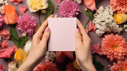 Top view of female hands with a beautiful manicure holding a pink card or box on a floral background. Empty space for product placement or advertising text.